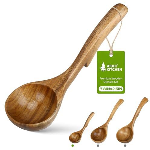 AIUHI Small Wooden Ladle for Soup, Teak Wood Soup Ladle with Back Hook, Smooth Surface Wooden Cooking Spoon for Serving, Stirring – Non-Stick, Heat-Resistant and Comfortable Grip