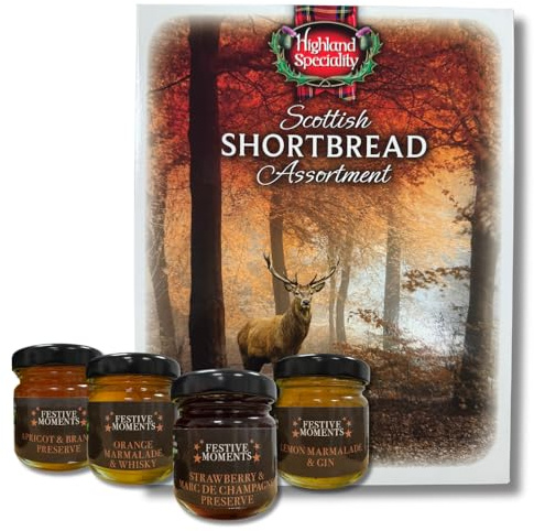 Luxury Scottish Stag Shortbread Gift Set with 4 x 42g Spirit-Infused Preserves – 400g Highland Speciality Shortbread with Whisky, Gin, Brandy & Champagne Marmalades/Jams - Afternoon Tea Snack Bundle