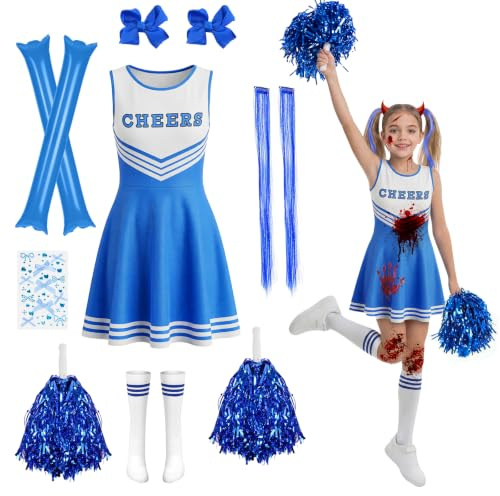 AYBUY Kids Cheerleader Costume, Cheerleader Outfit for Girls 8-12 Years | Girl's Cheerleading Uniform, with Pom Poms, Stockings, Cheering Sticks, for World Book Day Halloween Carnival Cosplay