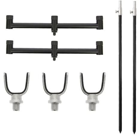 Rutenhalter Set für 3 Ruten - 2 Teleskop Bank-Sticks 50-90 cm, 2 Buzzer-Bars für 3 Ruten, 3 Edelstahl Rutenhalter, Angelrutenhalter Set, Rutenauflage, Angelrutenständer