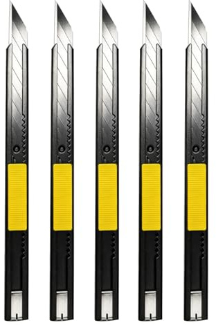 Gebildet 5pcs Cuchillo Utilidad de Hoja Negra y Carcasa Negra,Mano Derecha e Izquierda Acero Inoxidable Bloqueo Cuchillo Cortador,9mm Cuchillas Desmontables,Cuchillo de Aluminio de 30 Grados