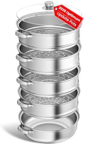 Steamer for Cooking - 28cm Stainless Steel Steam Pot with Steamer Basket, 3/4/5 Tiers Cookware with Lid for Cooking Vegetables, Seafood, Soups, Stews and Pasta (5 grids)