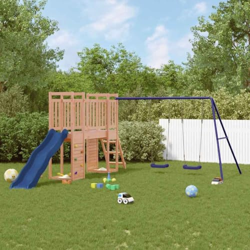 QUAHEAS Torre de juegos de madera maciza Douglas con columpio, tobogán ondulado, arenero, estructura de escalada y juego de columpio doble, casa de juegos para jardín para niños