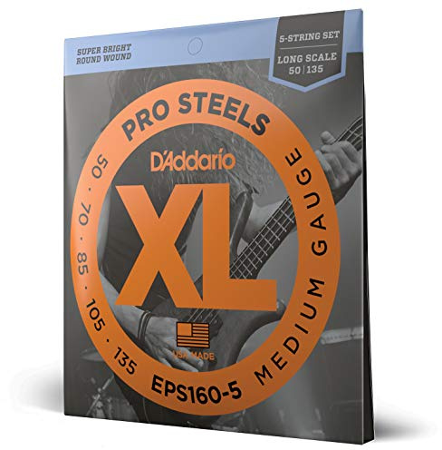 D'Addario XL ProSteels basgitarrsträngar – EPS160-5 – 5 strängar – lång skala – medium, 50-135