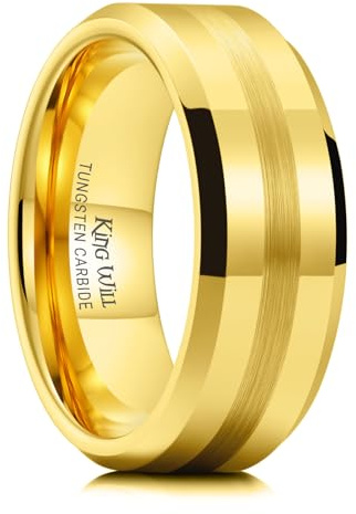 King Will 8mm Gold Tungsten Carbide Ring for Men Wedding Band Matte Brushed Polish Finish