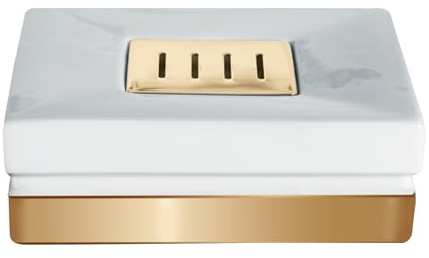 Spirella Seifenschale Steinoptik dekorative Badausstattung Seifenablage Roma Maße: 12 x 8 x 4,5 cm-Weiß/Gold, Keramik, White