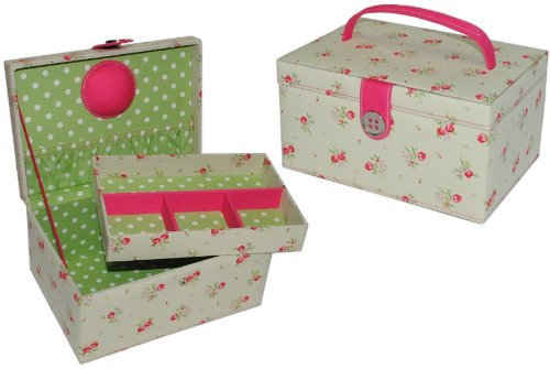 alles-meine.de GmbH 2 TLG. Nähkorb groß eckig - Creme kleine Rosen Stoff Nähkasten Nähkästchen bunt Handarbeitskorb rosa