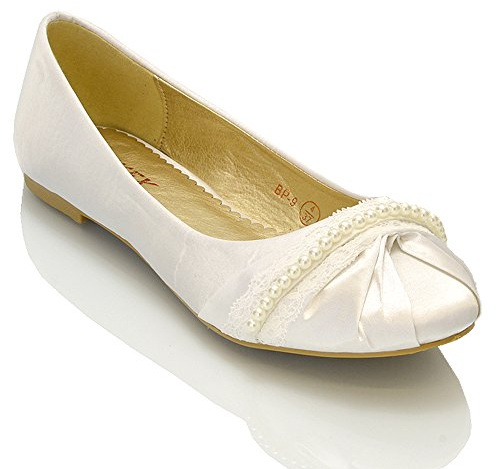 ESSEX GLAM New Womens LACE Pearl Wedding Bridal Ivory White Ballerina Flat Pumps Shoes Size 3 4 5 6 7 8 (UK 8 / EU 41 / US 10, White Satin)