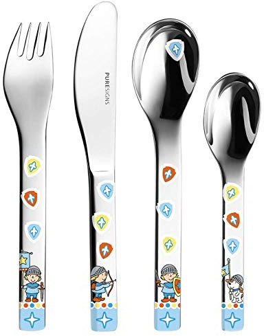 Sterngraf Kinderbesteck Ritter Miko MIT Gravur (z.B. Namen) 4tlg. von Puresigns inkl. Namensgravur auf der Rückseite, Taufgeschenke für Jungen Geschenk zur Taufe