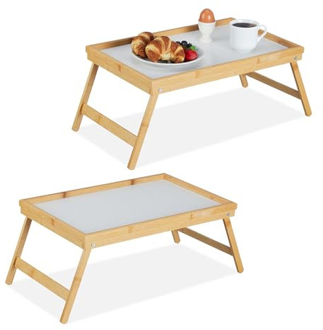 2 x Relaxdays Betttablett klappbar, Tablett mit Füßen, Frühstück im Bett, Bambus & MDF, 23,5 x 63 x 31 cm, Natur/weiß