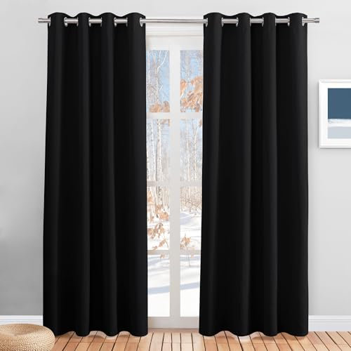 PONY DANCE Black Eyelet Blackout Curtains for Kid's Bedroom - Thermal Sun Blockig Curtains & Drapes for Privacy Protected 2 Panels Soundproof Energy Saving Drapes for Living Room,W 55 x L 79