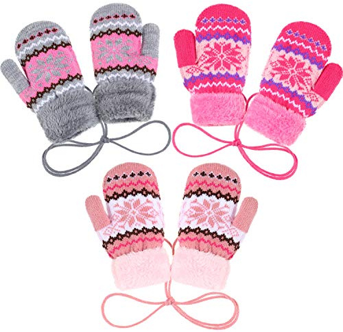 3 Pairs Kid Warm Snowflake Mittens Fleece Lining Knit Thicken Gloves with String (Rose Red, Pink and Gray)
