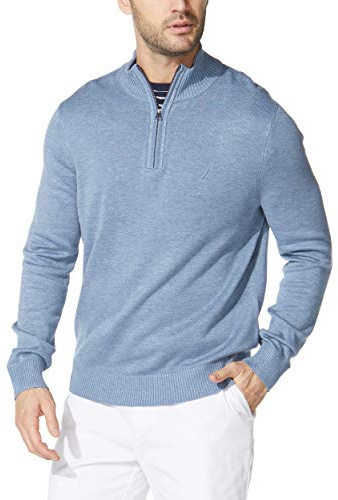 Nautica Men's Quarter-Zip Sweater, Deep Anchor Heather, Large