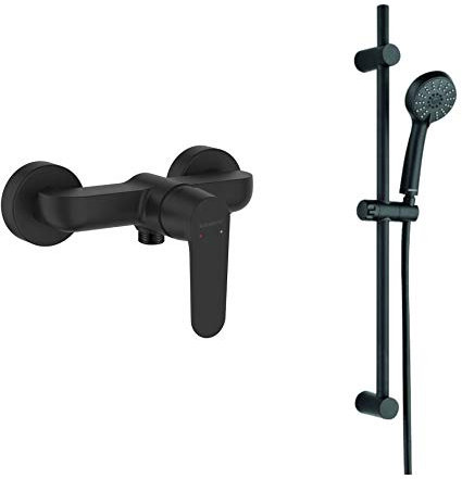 VBChome Badarmatur mit Brauseset Aufputz Duscharmatur Schwarz Strahlregler Keramikkartusche Hochdruck-Armatur Einhebel Duscharmaturmischer Duschset 3 Strahlarten Brausegarnitur Brausestange