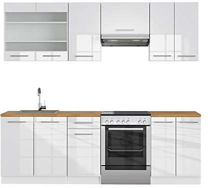 Vicco Küchenzeile Fame-Line, Weiß Hochglanz/Weiß, 240 cm | 7 Module · Höhenverstellbare Füße · Ohne Arbeitsplatte · MDF-Fronten · Softclose · Metallgriffe