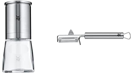 WMF De Luxe Salz und Pfeffermühle 14 cm, unbefüllt, Cromargan Edelstahl, Glasbehälter, Keramikmahlwerk & Profi Plus Kartoffelschäler Pendelklinge 19 cm, Pendelschäler einschneidig, Gemüseschäler