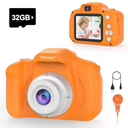 PROGRACE Kids Camera for Girls Ages 3-8 - Easy to Use Toddler Digital Video Camera with 28 Fun Frames & Selfie, Christmas Birthday Valentines Day Gifts for 3 4 5 6 7 8 Years Old Girls, Orange