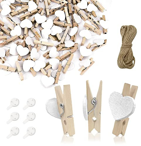 Andiker Mini a Forma di Cuore Clip di Legno, Mollette in legno naturale con corda di iuta da 10 m, ganci decorativi per foto, feste di matrimonio, decorazioni per biglietti e artigianato (50 pezzi)