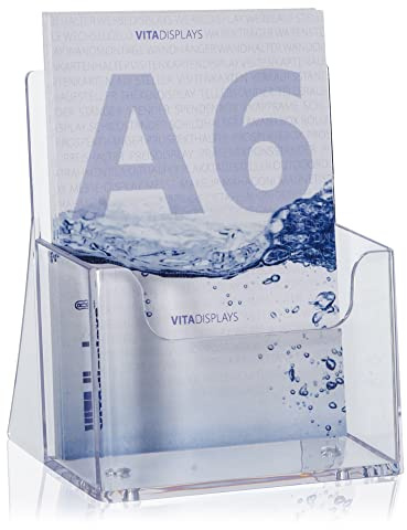 2 Stk. DIN A6 Tisch-Prospektständer für Flyer und Prospekte als praktischer Postkarten-Aufsteller im Hochformat. Transparenter VITAdisplays Flyerständer als Prospekthalter für ihre gedruckte Werbung
