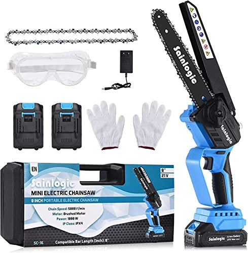 Sainlogic Mini Motosierra Batería, Motosierra Ligera de Una Mano 8 Pulgadas, Motosierra de Batería Motosierra Eléctrica de Una Mano con Bloqueo de Seguridad de Batería