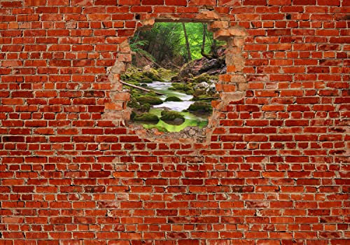 wandmotiv24 Fototapete Fluss im Wald - Roter Backstein, 300 x 210 cm - selbstklebende Strukturtapete, Wanddeko, Wandbild, Wandtapete, 3D-Optik, Wandbruch, Landschaft M0617
