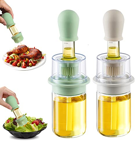 TINMIX Dispensador de aceite con cepillo 2 en 1, dispensador de aceite de oliva de 180 ml y botella de vinagre con cepillo de silicona para cocinar,barbacoa,parrilla, ensalada, hornear, blanco y verde