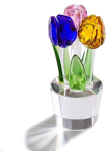 Crystal Multicolor Tulips Bouquet Figurine Collectible Gifts for Women, Glass Colourful Tulips Flower Centrepiece Ornaments for Christmas Birthday (with 3 flowers)