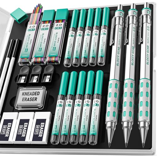 Nicpro Blocky Gear 2mm Druckbleistifte im Etui, 3 Stück Metallminenhalter mit 13 Röhrchen 2mm Minen (HB 2B 2H 4B 4H 6B & Farben), Radiergummis für Schreiner Schreiben Zeichnen Holzbearbeitung