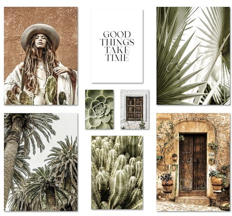 ARTFAVES® Poster Set - BOTANICAL DREAMS - mehrteilige Wanddeko Wohnzimmer & Schlafzimmer - 8 moderne Wandbilder Botanik, Pflanzen, Palmen, Kaktus, terrakotta, grün - ohne Bilderrahmen