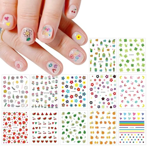 JMEOWIO Süße Nagelsticker Für Kinder 14 Blatt Nail Art Sticker Selbstklebend Nagelaufkleber Regenbogen Blumen Frucht Dekoration Nageldesign Zubehör