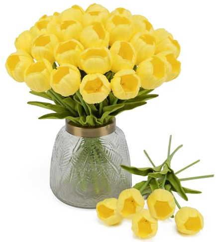 LUWENER 15 tulipani artificiali gialli, fiori in lattice, tulipani finti, fiori gialli, per bouquet da sposa, casa, feste, ufficio, composizioni floreali fai da te