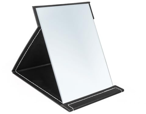 Yatnks 15,2 x 20,3 cm Make-up-Spiegel, tragbar, PU-Leder, zusammenklappbar, Schreibtischspiegel mit verstellbarem Ständer für Schminktisch, Büro, Reisen (M, Schwarz)