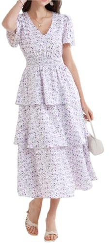 GRACE KARIN Women Ruffle Tiered Maxi Dress Floral Smocked Tiered Dress Short Sleeve Flowy Long Sundress Purple Flower M