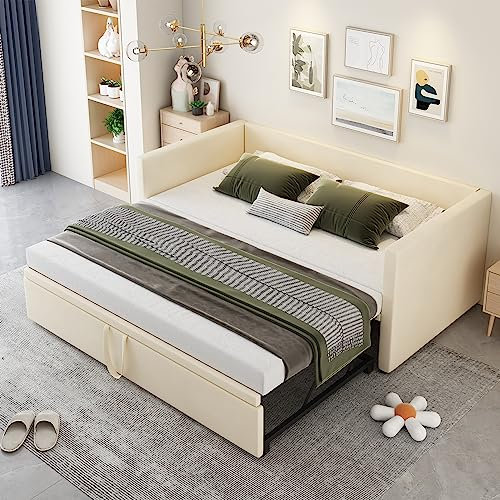 DRIXNO Bett 90/180x200 Ausziehbares Schlafsofa Bed Betten mit Lattenrosten Polsterbett Multifunktionsbett Hautfreundlichem Samtstoff Beige