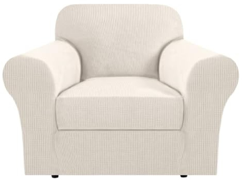H.VERSAILTEX Stretch Armchair Slipcover 2 Piece T Cushion Chair Covers for Living Room Furniture Cover Suit for Box Cushion, Spandex Jacquard Fabric Small Checks(Armchair-Oversized, Ivory)