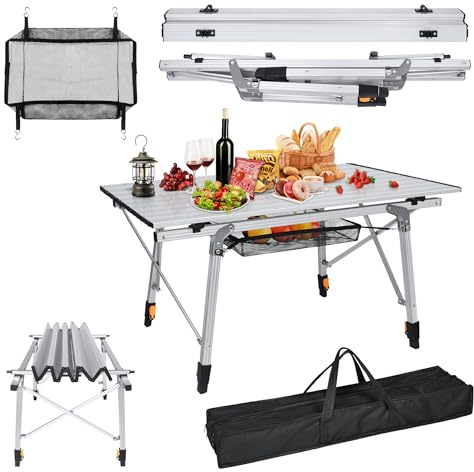 LILIIN Campingtisch Klappbarer aus Aluminium Höhenverstellbar Klapptisch Camping mit Tragetasche und Aufrollbare Tischplatte Outdoor Tragbar Arbeitstisch für Garten Balkon bis 30 kg, Silber