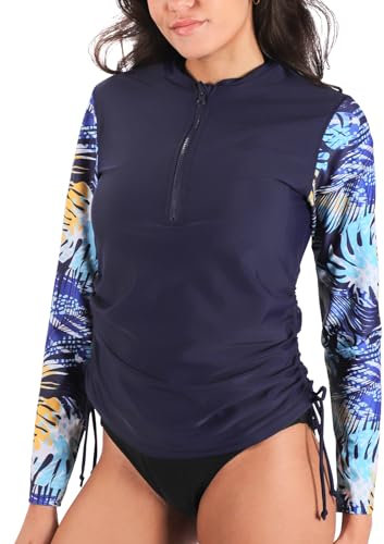 MASOCIO UV Shirt Damen Wasser Langarm Schwimmshirt Rashguard Badeshirt Badeanzug Frauen UV Schutz Schwimm Tshirt Surf Schnorchel Swim Schwimm Bade T Shirts Women Rash Guard XL Marineblau