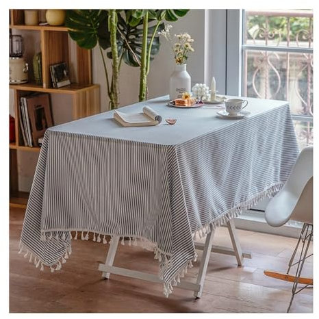 BCughia Tischdecke 140x140 Quadratisch, Tischdecke Abwaschbar Couchtisch Leinen Streifen mit Quasten Tischbedeckung für Küche Esstisch Dekoration, Hellblau