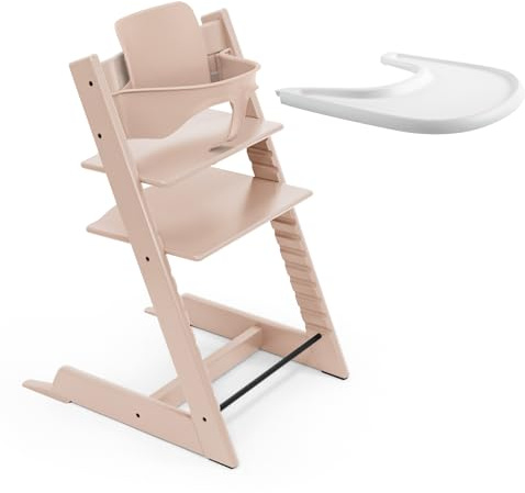 Stokke Tripp Trapp Hochstuhl (Serene Pink) mit Stokke Tray (White) - ein verstellbares, ergonomisches und leicht zu reinigendes Babyset für Kinder im Alter von 6-36 Monaten