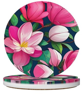 Bunte Magnolien-Untersetzer aus Keramik für Getränkehalter, 2 Stück, 6,4 cm, Korkboden, hält Getränkehalter im Auto trocken und sauber