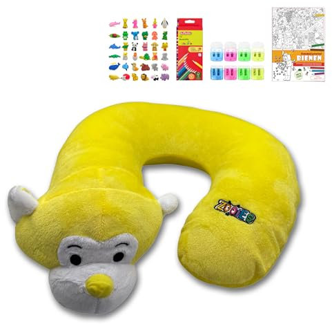 ZOOIES® Kinder Nackenkissen Set | Momo Reise-Nackenkissen in Tierform | Nackenhörnchen für Auto & Flugzeug | Hypoallergen Kissen | Mandalaheft, Buntstifte & Radiergummi | Perfekt für unterwegs
