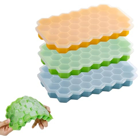LHLZNB 3 Pack Silicone Ice Cube Moulds，Ice Cube Trays，BPA Free Food Grade Silicone Ice Cube Mould with Stackable Removable Lids，Makes Hexagonal Ice Cubes for Chilled Drinks，Whiskey，Cocktails