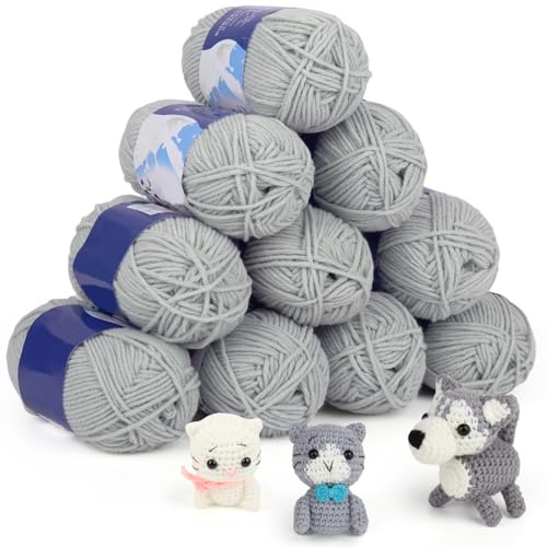 Coopay Häkelgarn, 10 x 50g Häkelgarn, Acrylwolle für Anfänger und Kinder, Weicher Baumwolle zum Häkeln und Stricken - Wellblau-grau