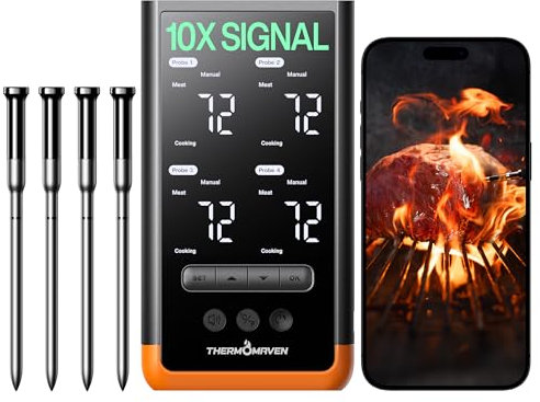 ThermoMaven Wireless Bluetooth Smart Meat Thermometer: Standalone Base, WiFi Thermometer with Sub-1G, 6 Sensors NIST Certified Accuracy, 4 Probes, for Kitchen, BBQ, Grill, Oven, Smoker, Rotisserie