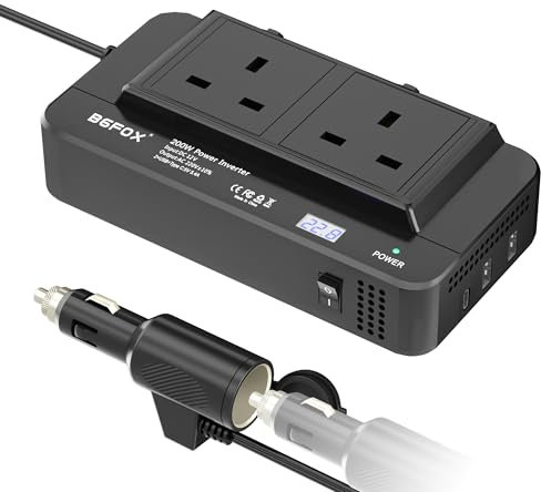 BGFOX 200W Car Power Inverter, 6-in-1 DC 12V to 240V / 230V AC Voltage Converter with 2 AC Socket / 18W USB-C & 4.8A Dual USB Port / 12V Car Cigarette Lighter Socket Splitter for Laptop, Dash Cam