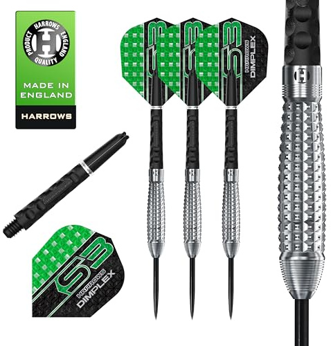 Harrows Dimplex Bomb & Tampered Darts Set I Professionelle Dartpfeile mit 90% Wolframstahlspitze, ALLE Gewichte I 10-teiliges Set mit schwarzem Dimplex & Tampered (Bomb Shape, 21g)