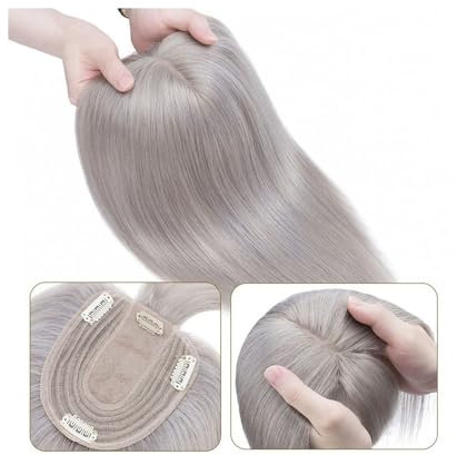 Toupet für Frauen Echthaar-Topper mit Pony, graue Farbe, seidige glatte Haarteile, 10 x 12 cm, natürliche, weiche Seidenbasis, 130% Dichte, indische Haar-Topper-Haarteile Haaraufsatz für Damen, Echth