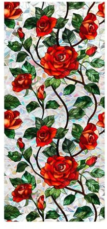 Milageto Blumen-Fensterfolie, Sichtschutzfolie, Blumenmuster, dekoratives Büro, statisch haftender Glasaufkleber, Aufkleber für Bauernhaus, Neujahrsfest, Rote Rose