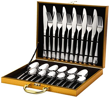Cutlery Set Made of Stainless Steel, Polished 30-Piece Cutlery Set for 6 People, Comes with Wooden Case, Cutlery Set with Storage Box for Home, Restaurant, Hotel (Silver)
