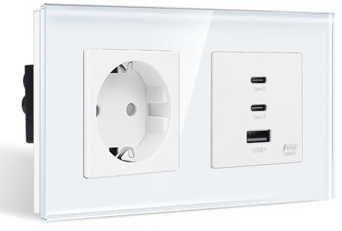 CNBINGO Steckdose mit 65W USB Schnellladung (2x Typ-C, 1x USB-A), Weiß | Schuko Steckdose Unterputz mit 3× USB-Anschluss Schnellladen, 2-Fach Wandsteckdose mit Glasrahmen, DIY Installation